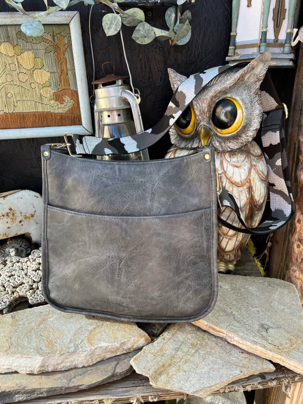 Gray Women's Satchel with Patterned Shoulder Strap